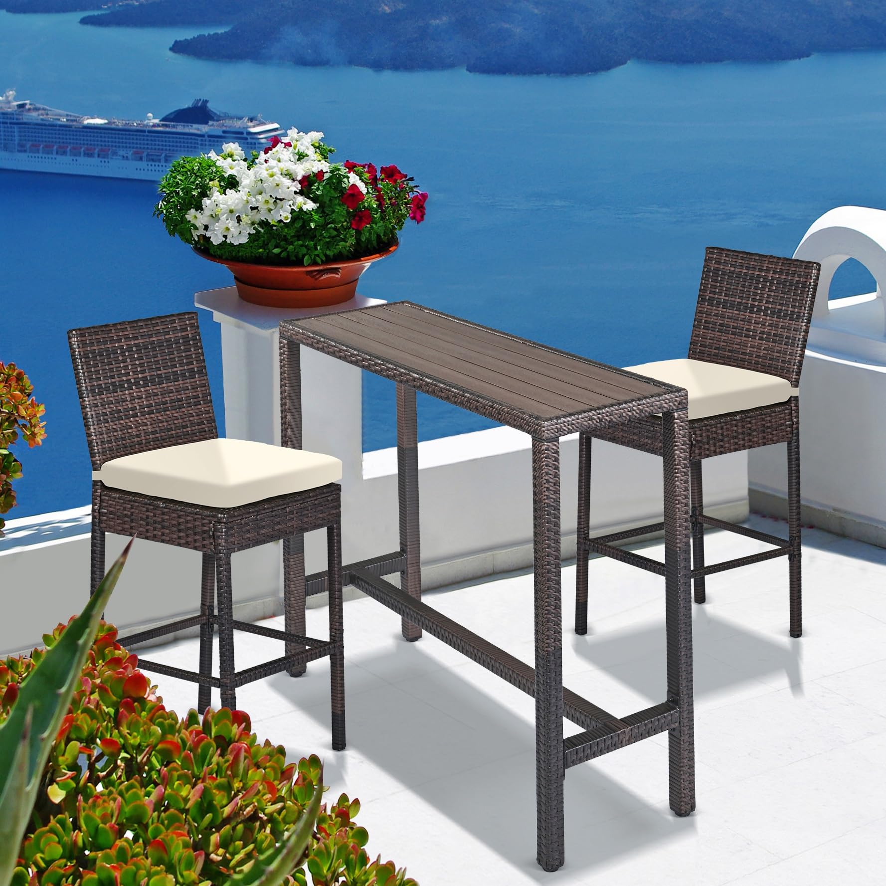 Outdoor Bar Set for Patio 3pcs Outdoor Bar Table and Chairs Set All Weather Bar