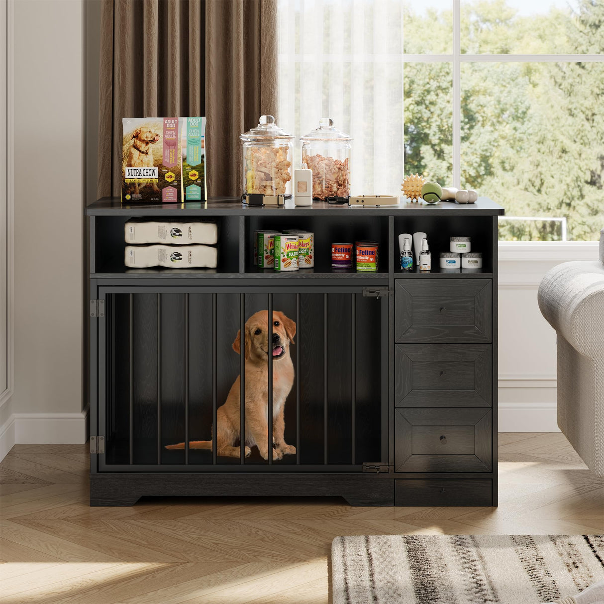 48" Farmhouse Dog Crate Furniture with Storage Drawers
