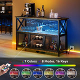 Wine Bar Cabinet with LED Lights Power Outlets, Industrial Coffee Bar Cabinet