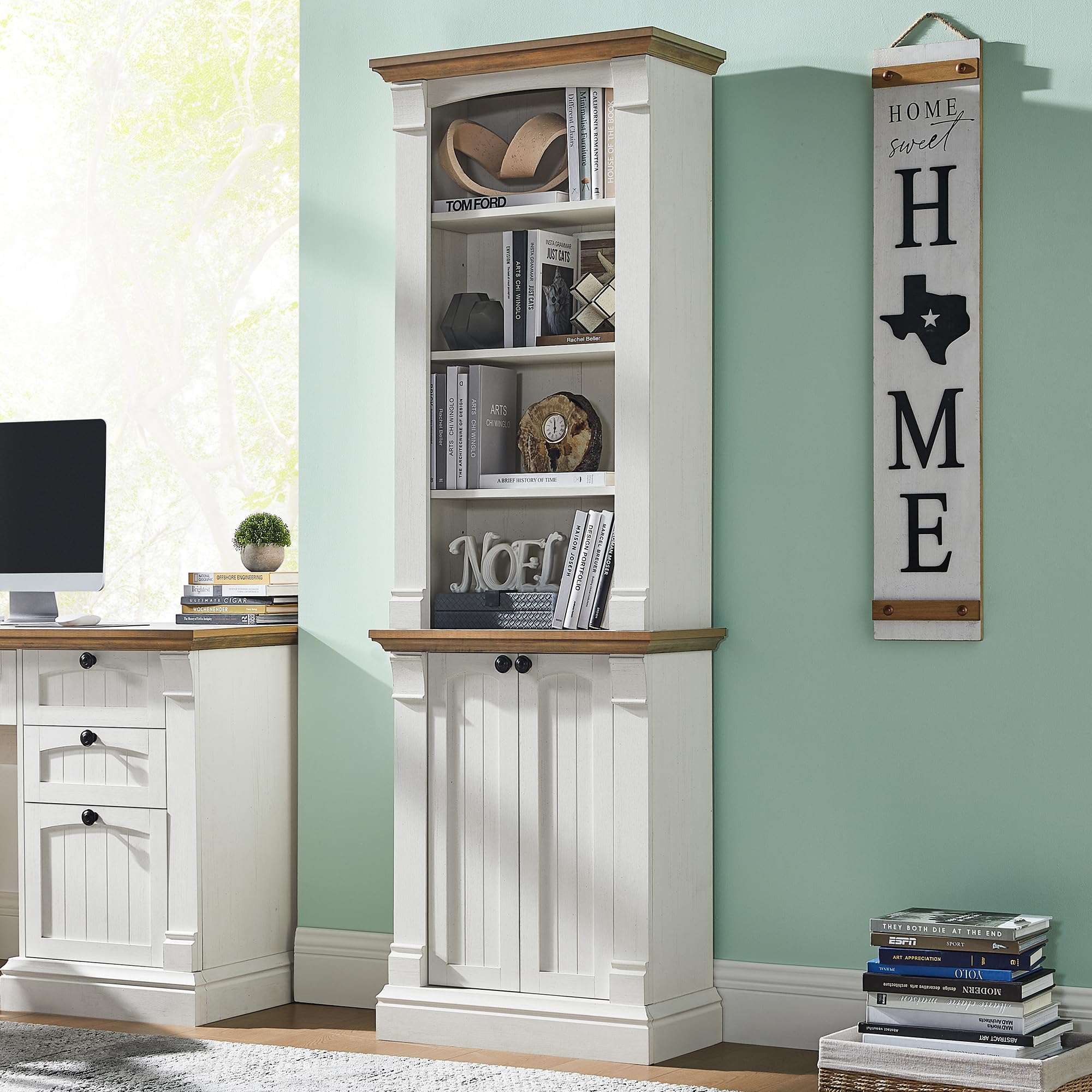 Farmhouse Bookcase with Storage Cabinet, 72" Tall Bookshelf with Adjustable Shelves, 4-Tier Open Wood Shelf Bookcase for Home Office, Living Room, Antique White