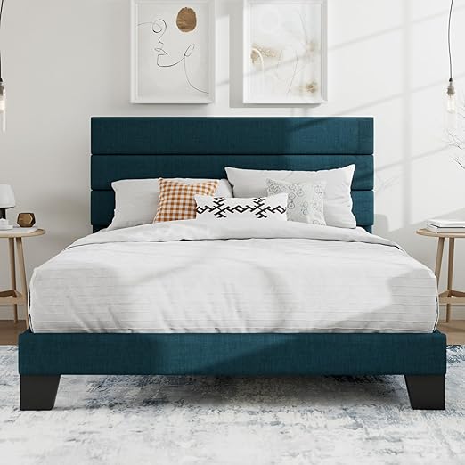 Queen Platform Bed Frame with Upholstered Fabric Headboard, Mattress Foundation