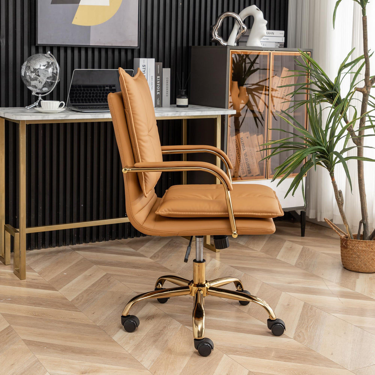 Leather Mid-Back Office Chair with Golden Legs - Camel