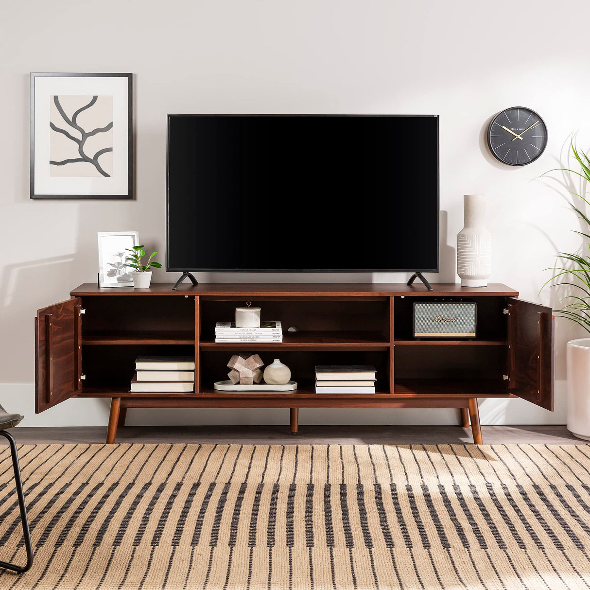 Walker Edison Emery Mid Century Modern Solid Wood TV Stand for TVs up to 80 Inches 70 Inch Walnut