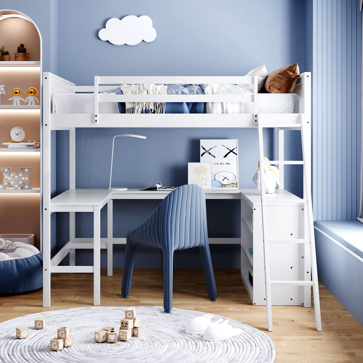 Full Size Loft Bed with Shelves and Desk, Wooden Loftbed Frame with w/Ladder for Kids