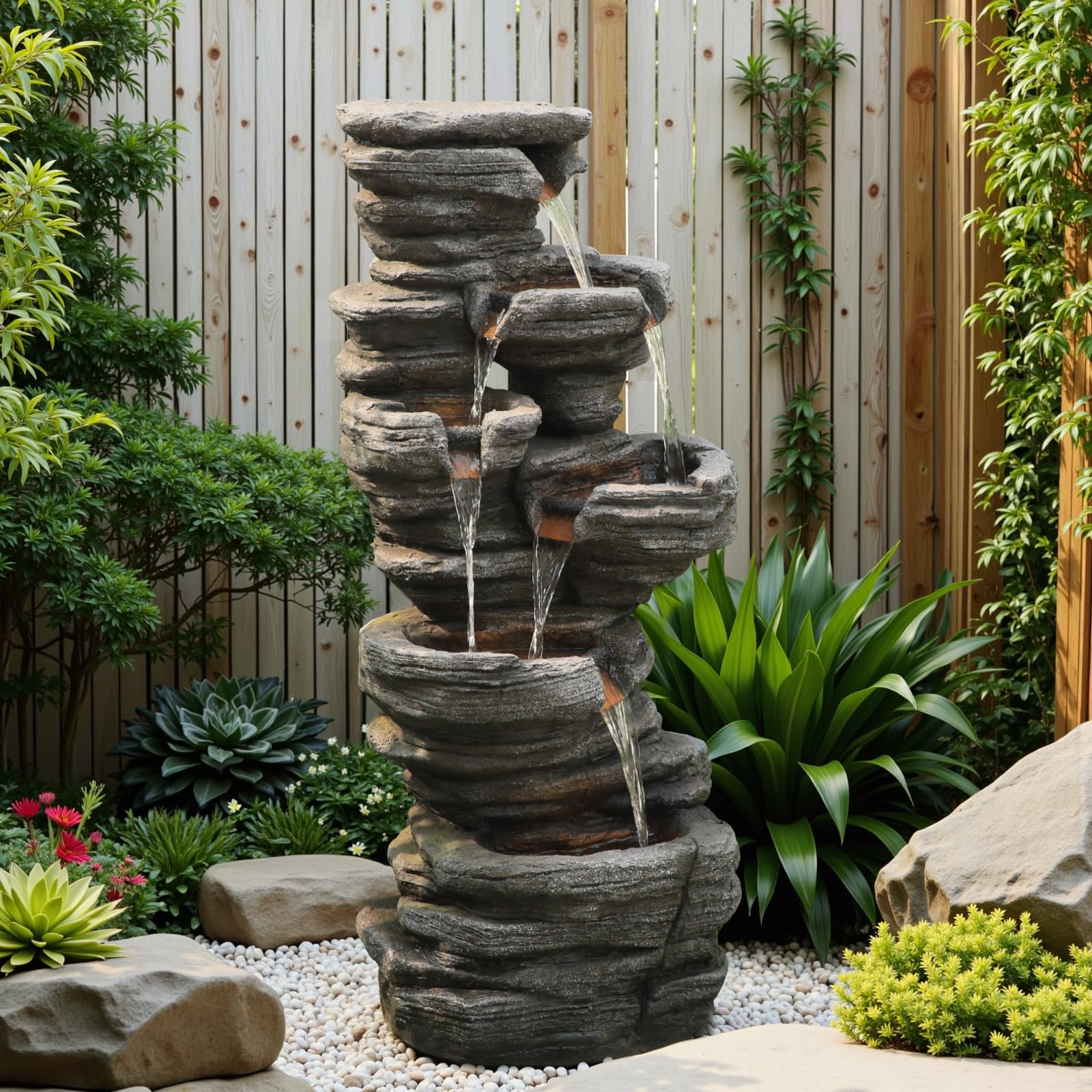 42.5" H Garden Outdoor Water Fountain with LED Lights & Pump