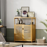 Bathroom Floor Cabinet, Bamboo Storage Cabinet with Doors and Open Shelves