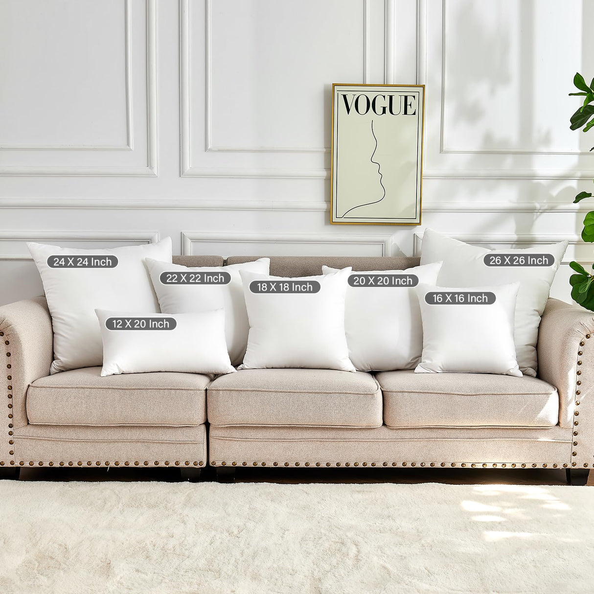 DOWNSTORIA 24x24 Pillow Inserts Set of 2, White Throw Pillow Insert 2 Pack, Foam Filled Decorative Pillows Stuffer for Couch, Bed, Living Room.(24x24 Inch)