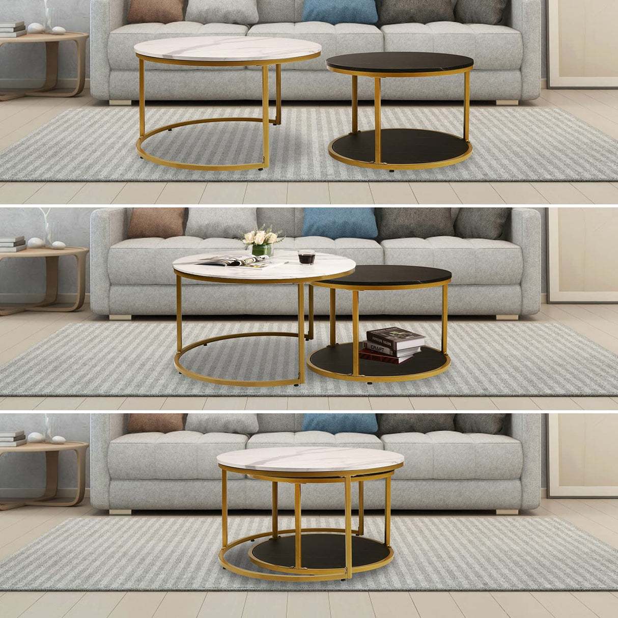 Nesting Coffee Table Set of 2,Round Coffee Tables Modern Circle Table