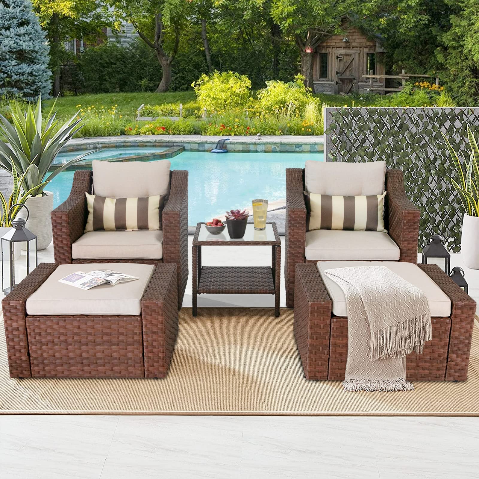 5 Piece Patio Conversation Set Outdoor Furniture Set, Brown Wicker Lounge Chair