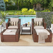 5 Piece Patio Conversation Set Outdoor Furniture Set, Brown Wicker Lounge Chair