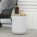 18" Outdoor Side Table with Storage, Cement Patio End Table with Wood Finish Lid