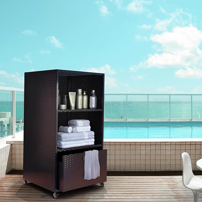 Pool Towel Rack Outdoor, Waterproof PE Plastic Rattan Wicker Pool Storage