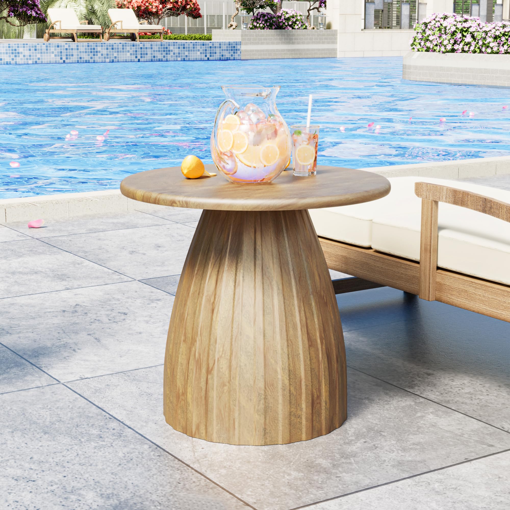 Metal Small Patio Table, Round Outdoor Side Table, Wood Color Outdoor Accent