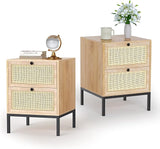 Rattan Nightstand Set of 2, Boho Bedside Table with Handmade Natural Rattan Decorative