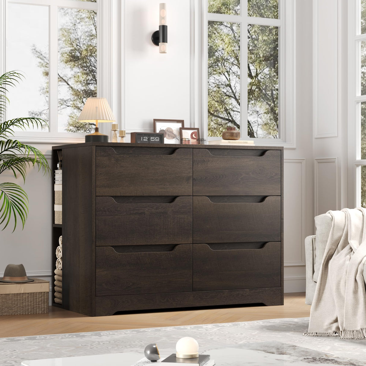 6 Drawer Dresser for Bedroom, Dresser with 4 Cubbies, Wood Chest of Drawers