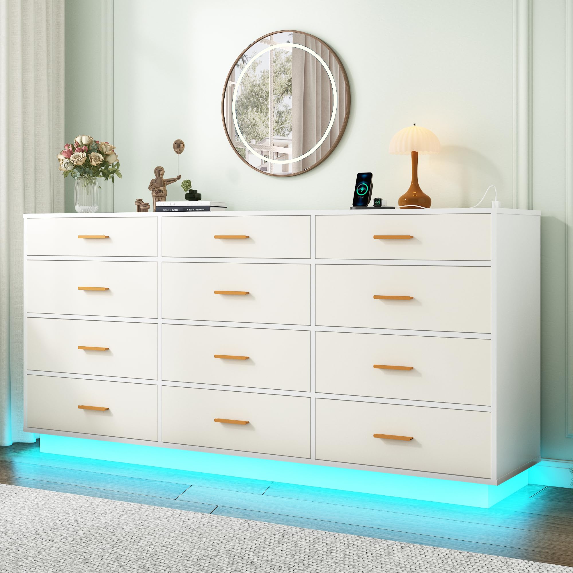 12 Drawers Dresser w/Power Outlet,Colors Lights,63In Long Dresser