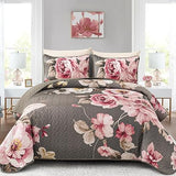 Black Floral Quilt Set Queen Size, 3 Pieces Pink Botanical Flower Printed