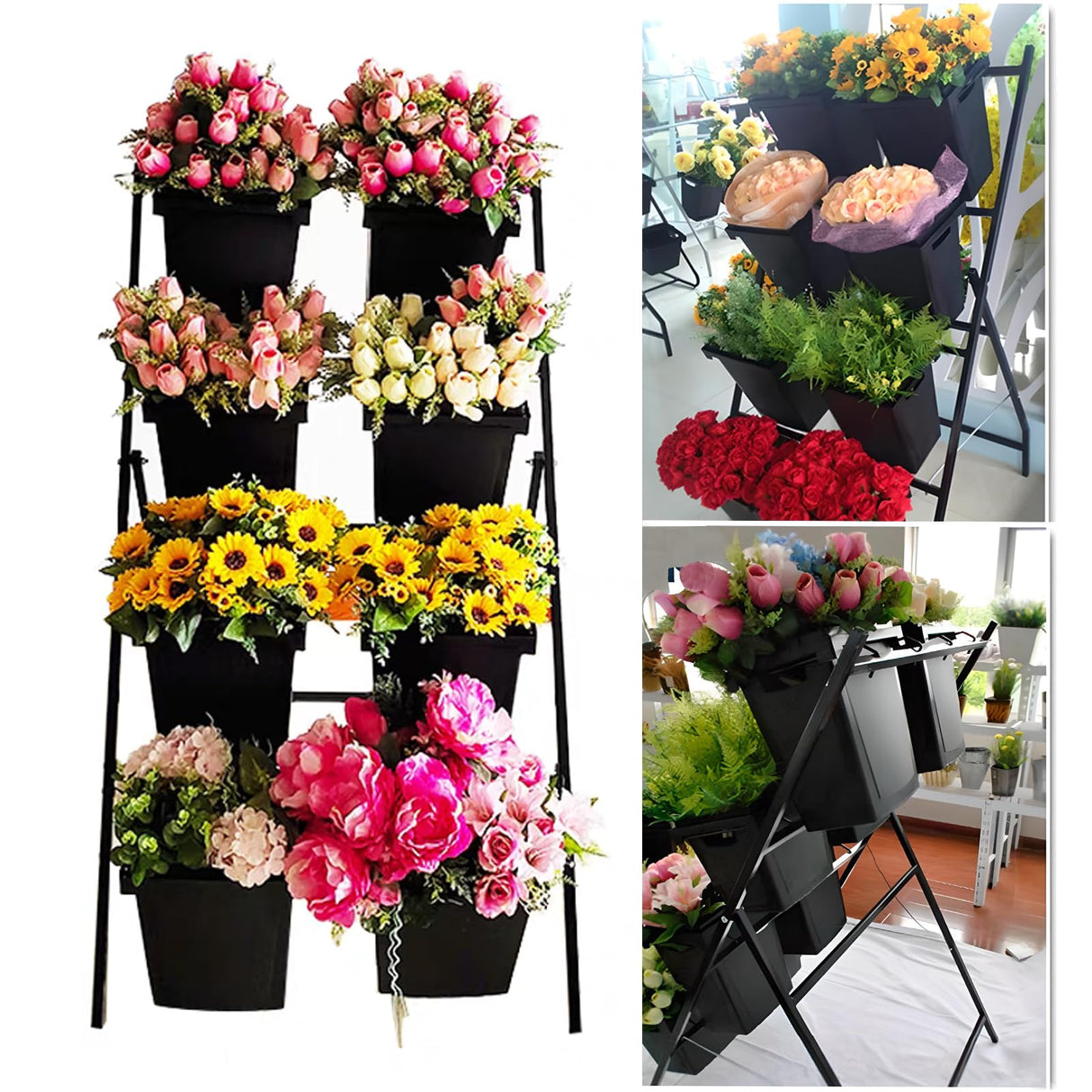 Extra large Flower Display Stand with 8 Bucket, Metal Plant Stand with Foldable Frame