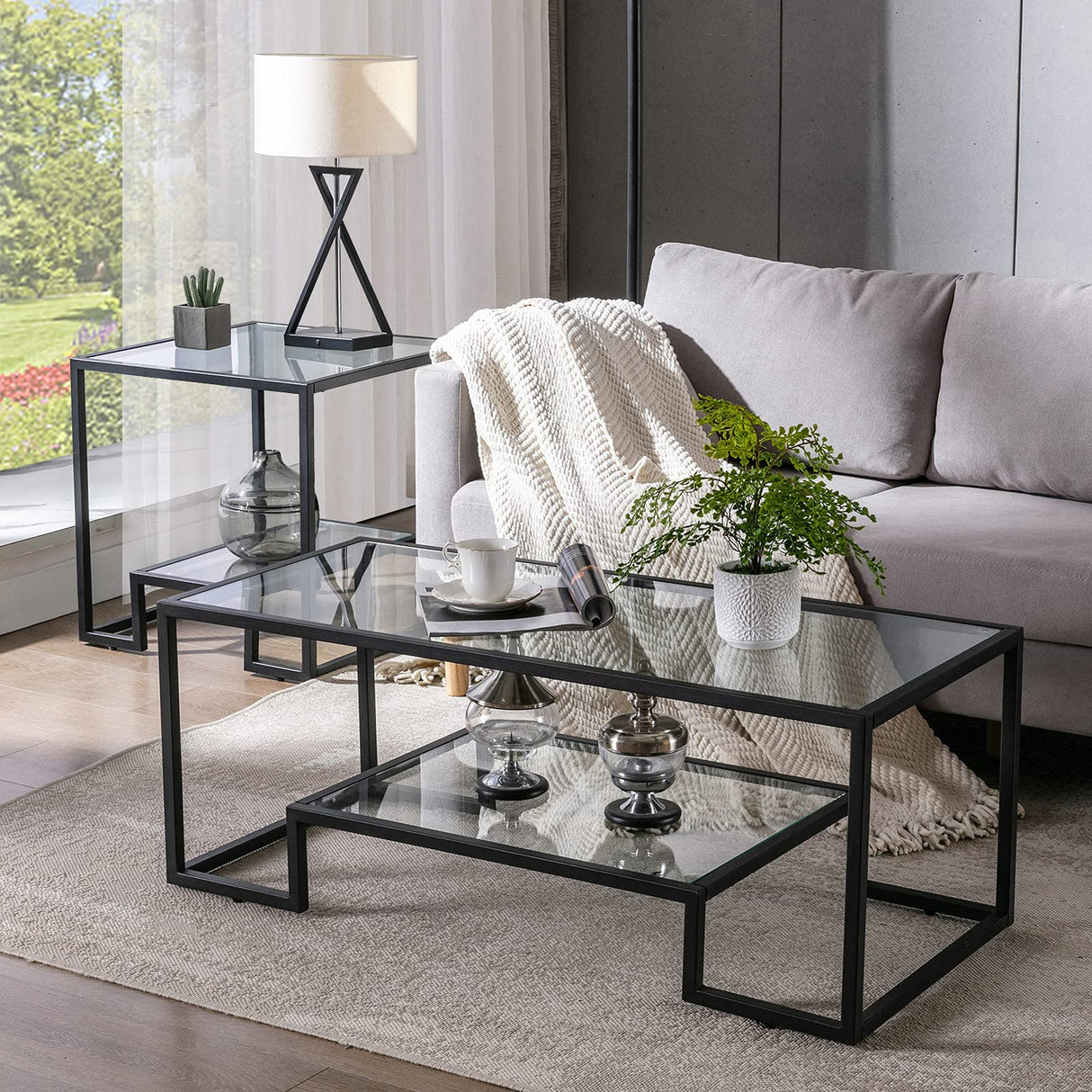 Metal Glass Coffee Table, Black Accent Modern Tempered Glass Side Table