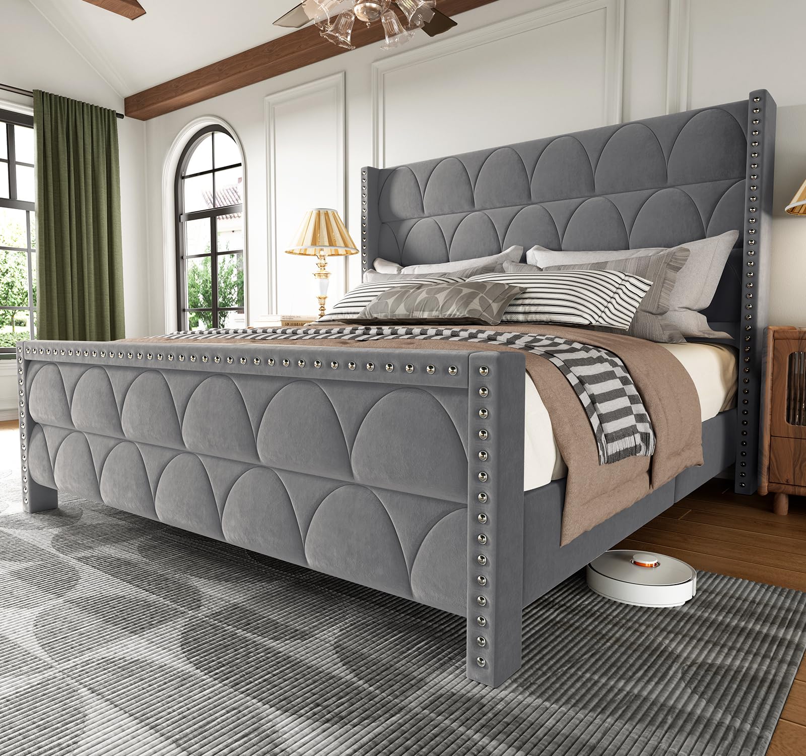 King Size Velvet Platform Bed Frame with 56" Wingback Headboard