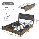 Queen Bed Frame with LED Lights and Charging Station,Upholstered Storage Headboard