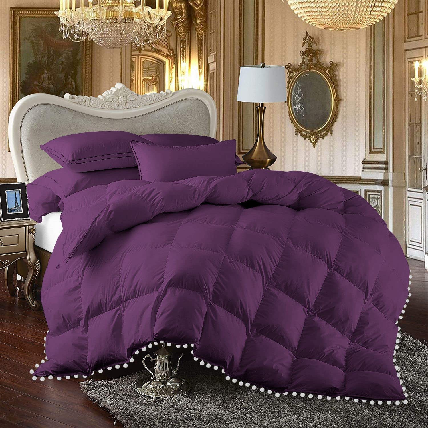 1 Piece White Vintage Pom-Pom Fringe, Box Design Comforter 1000 Thread Count 100%