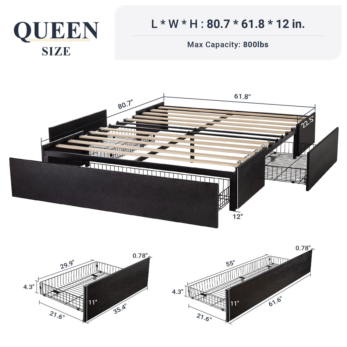 Queen Size Platform Bed Frame with 3 Storage Drawers, Faux Leather Upholstered