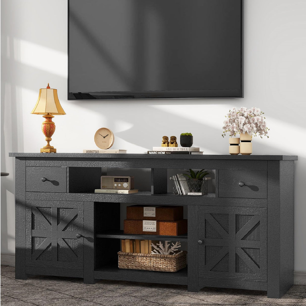 YITAHOME Farmhouse TV Stand 70 Inches, Entertainment Center with Power Outlet, Rustic TV Stands for Living Room, TV Console with Storage Drawers, Black Wood Grain