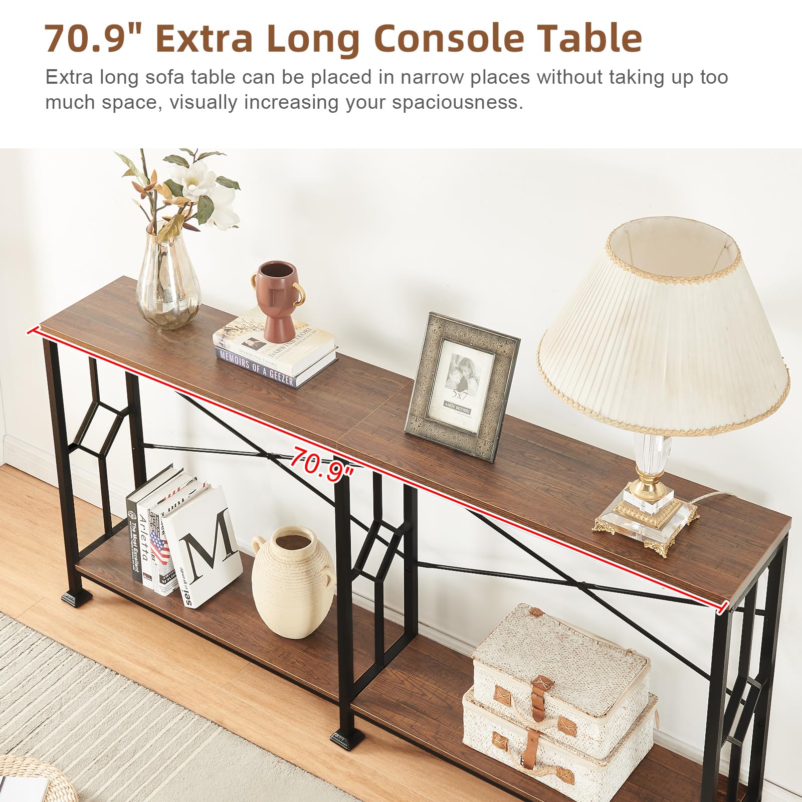 70.9" Industrial Console Table with 2-Tier Storage Shelf