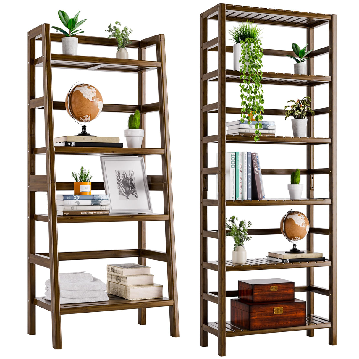 Bookshelf and Ladder Shelf, Bamboo Freestanding Open Storage Shelving Unit