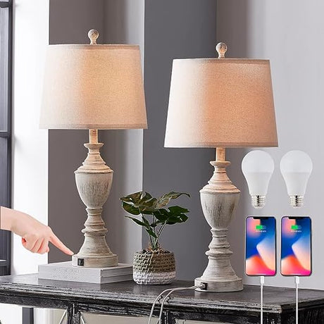 Bedside Lamps Set 2, 3 Way Full Dimming lamp with USB Ports