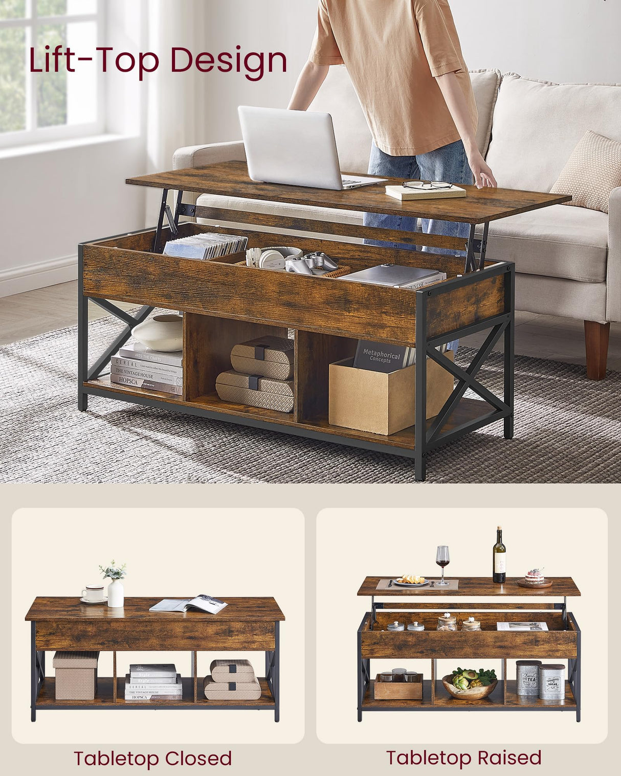 Lift Top Coffee Table, Coffee Table with Storage Shelf, Hidden Compartments and Lifting