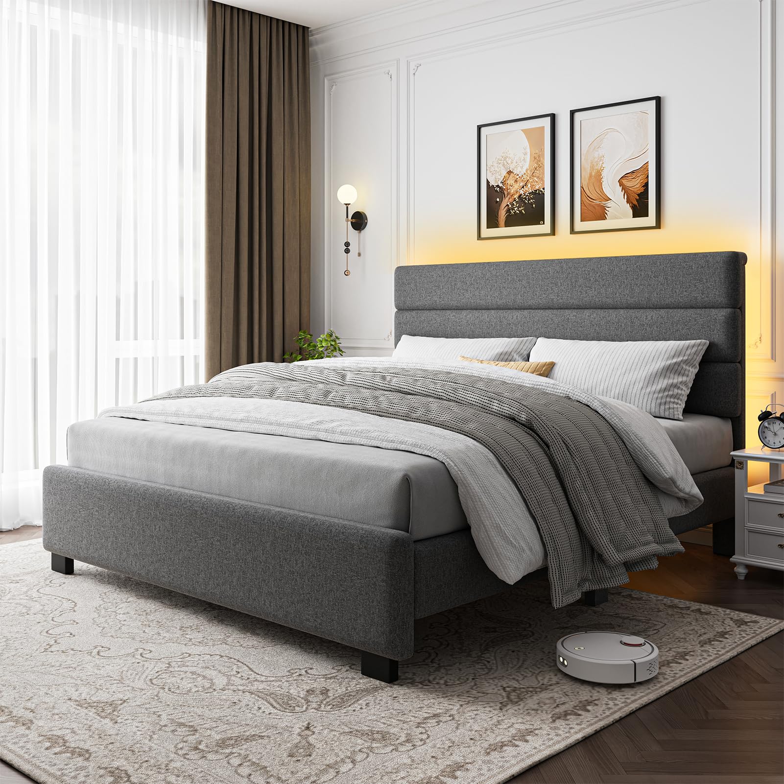 King Size Upholstered Platform Bed Frame with LED Lights