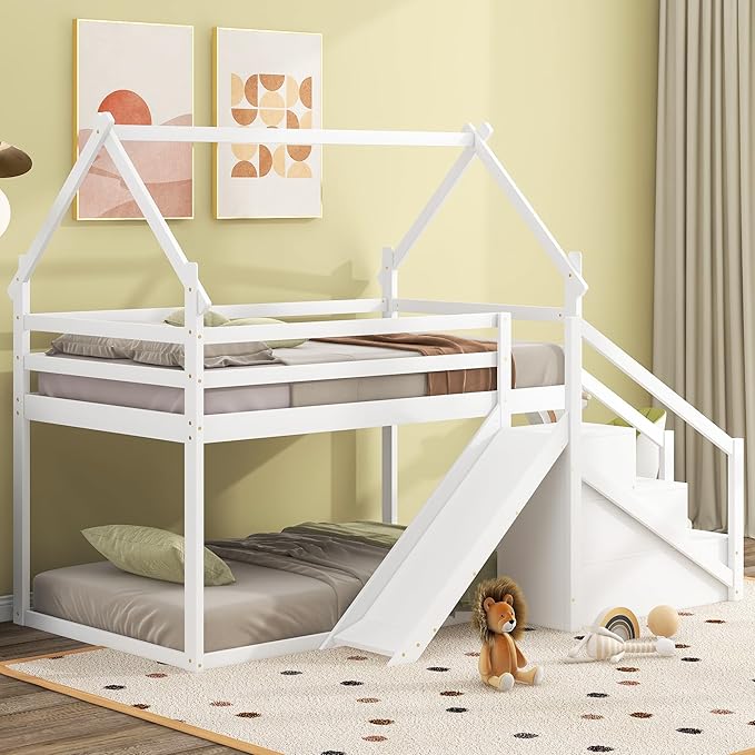 with Stairs,Twin Over Twin Bunk Bed with 2 Blackboard and Storage Shelves,Wood