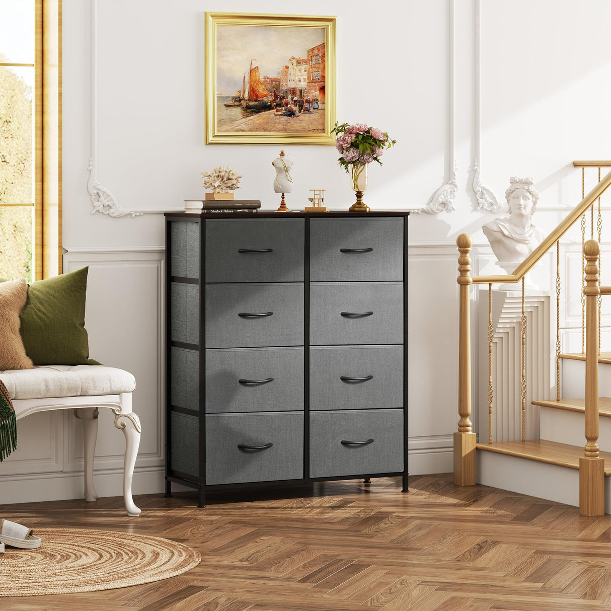 WLIVE Fabric Dresser for Bedroom, Tall Dresser with 8 Drawers, Storage Tower with Fabric Bins, Double Dresser, Chest of Drawers for Closet, Living Room, Hallway, Dark Gray