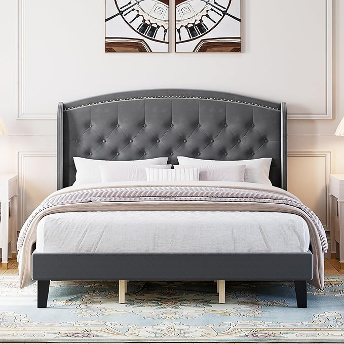 Full Size Bed Frame with Wingback Headboard, Upholstered Velvet Platform Bed