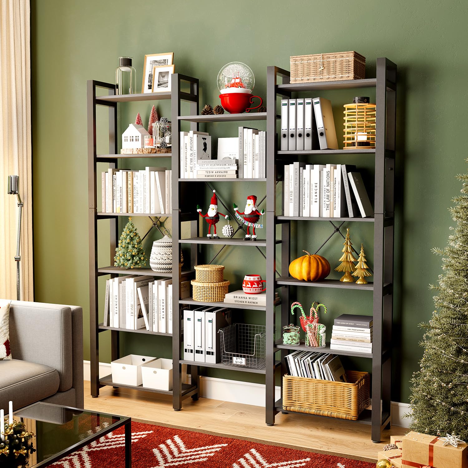 oneinmil Triple Wide 6-Shelves Corner Bookcase Industrial Vintage Wood Style Large Open Bookshelves for Home & Office (Black, 6-Tier)