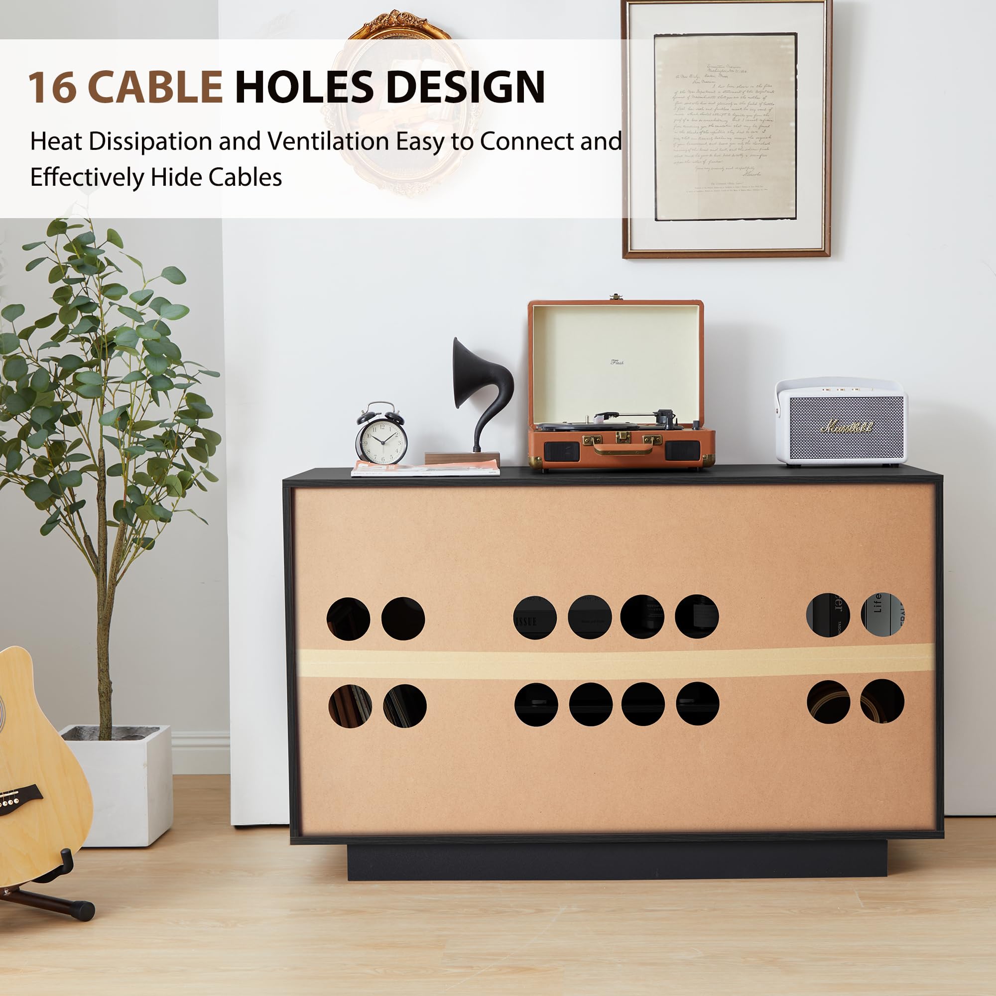 Media Cabinet, 5-Tier Shelves Media Console with 3 Hight-Adjustable Shelves
