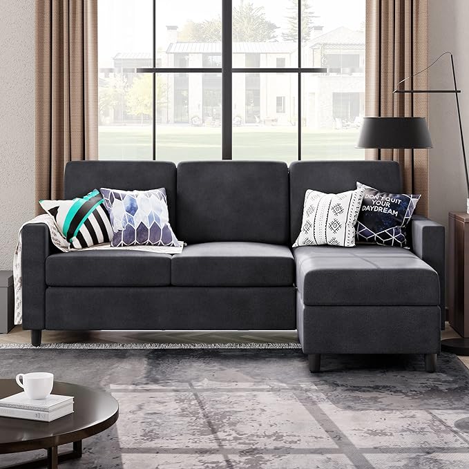 Convertible Sectional Sofa Couch, Modern Linen Fabric L-Shaped Couch 3-Seat Sofa