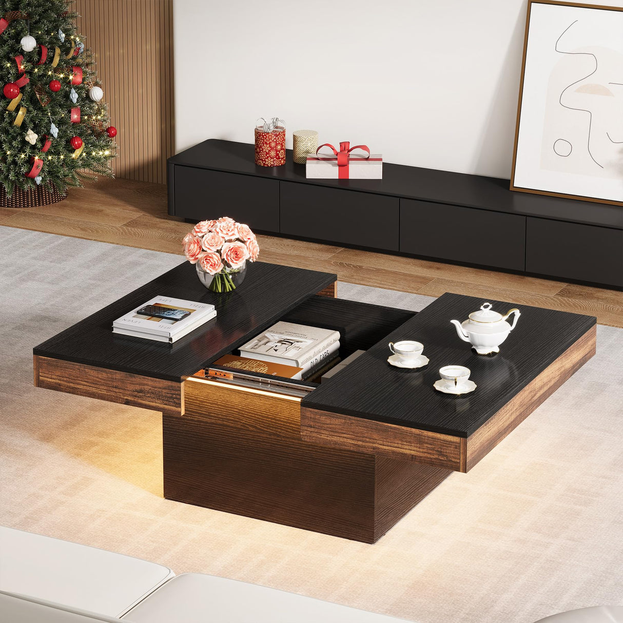 Square Coffee Table with LED Light, 35-inch Modern LED Coffee Table with Storage