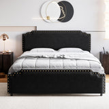 Queen Size Bed Frame with Headboard, Velvet Upholstered Platform Bed with Rivet Decor