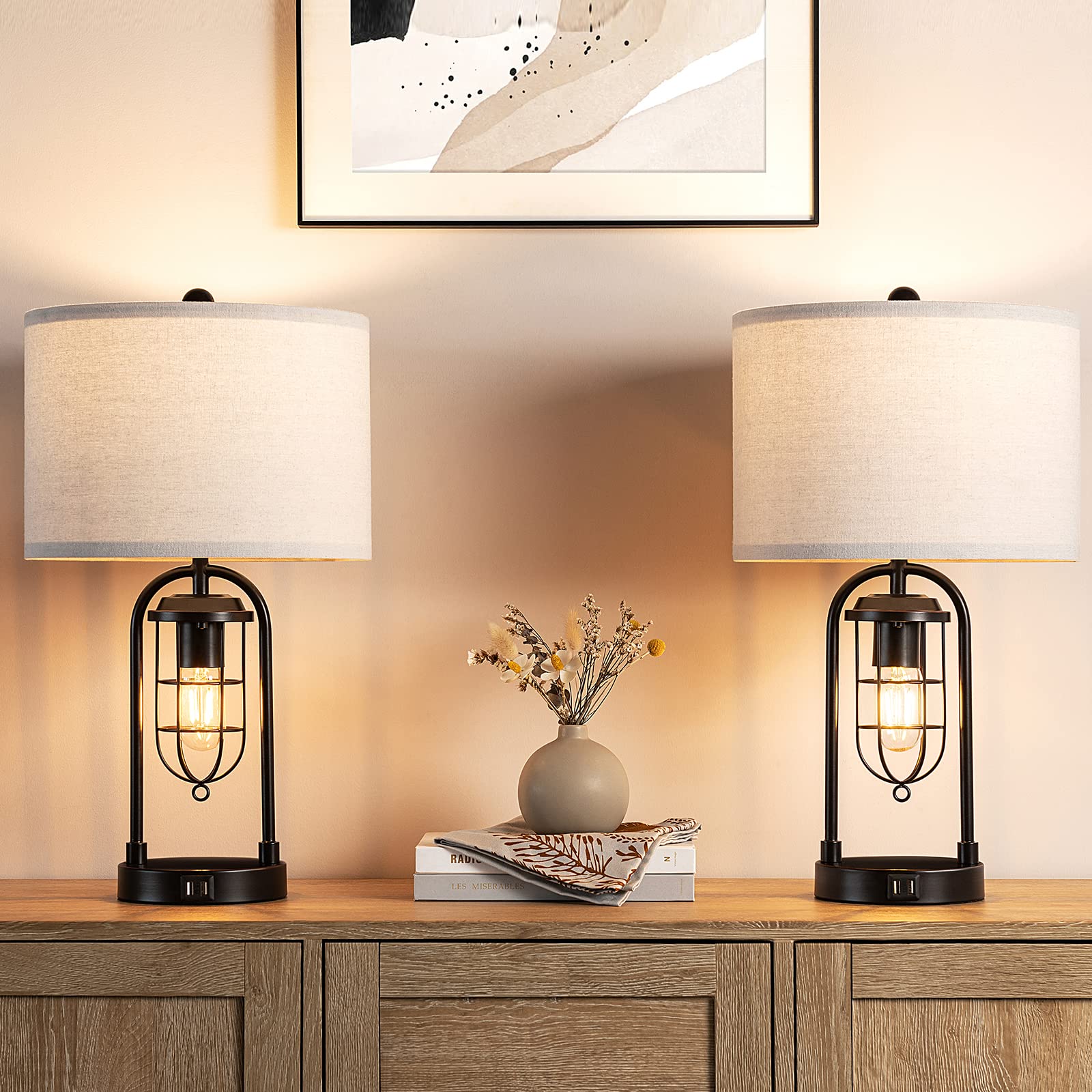 21'' Industrial Table Lamps Set of 2 with Night Light & USB Port