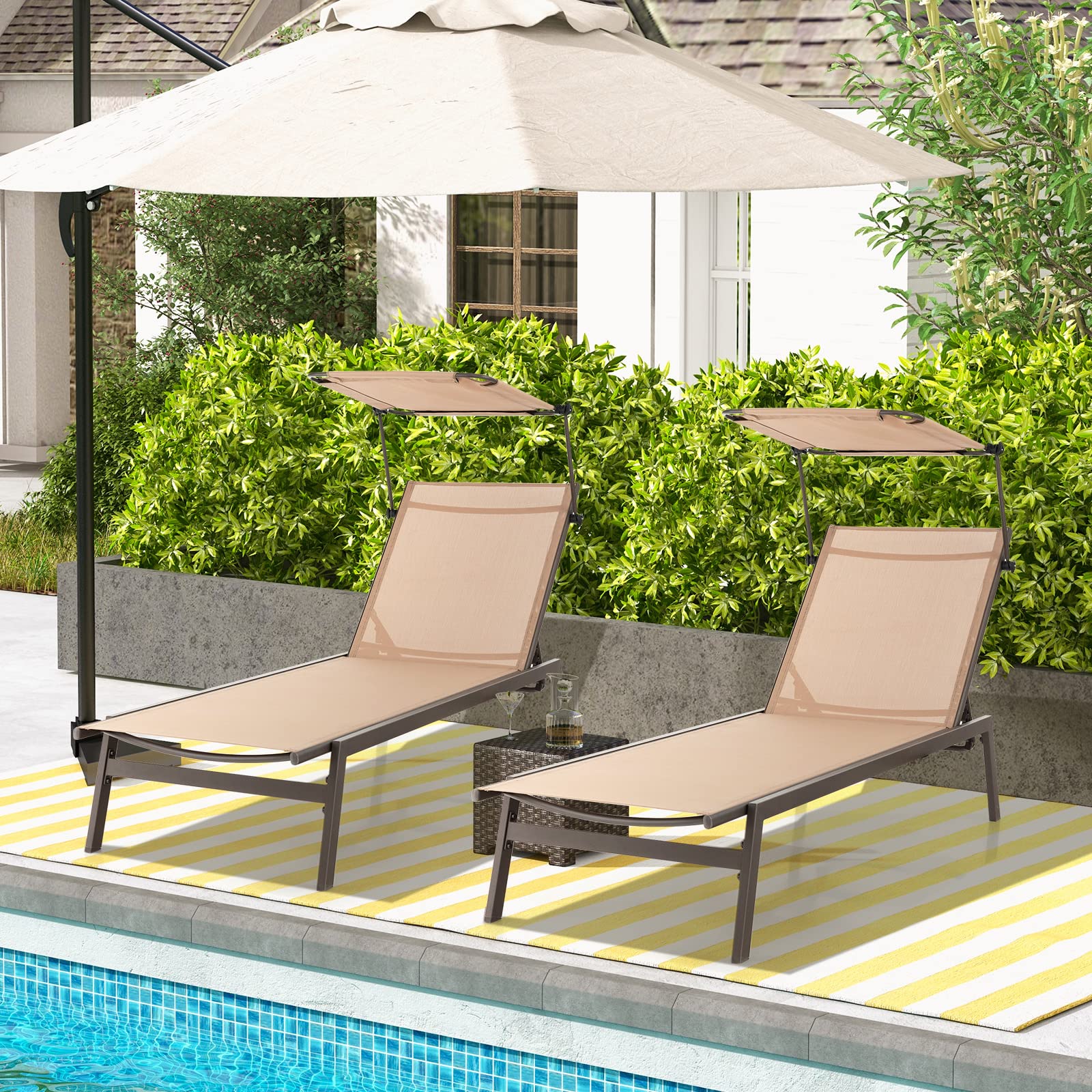 Outdoor Chaise Lounge Chair- Tanning Chair with Sunshade, 6 Adjustable Position