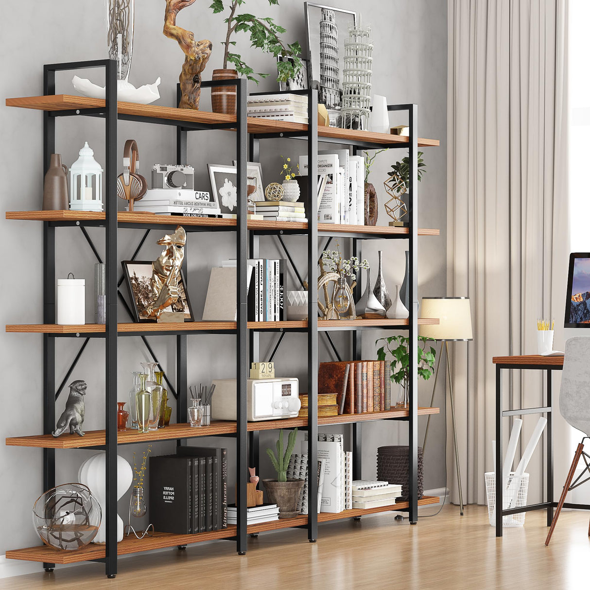 Wood and Metal Minimalist 5 Tier Bookshelf, 6 feet Tall Open Rustic Wide Bookcase