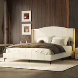 Queen Size PU Leather Upholstered Platform Bed, Headboard with Wingback and Metal Bar Accents, No Box Spring Required Beige