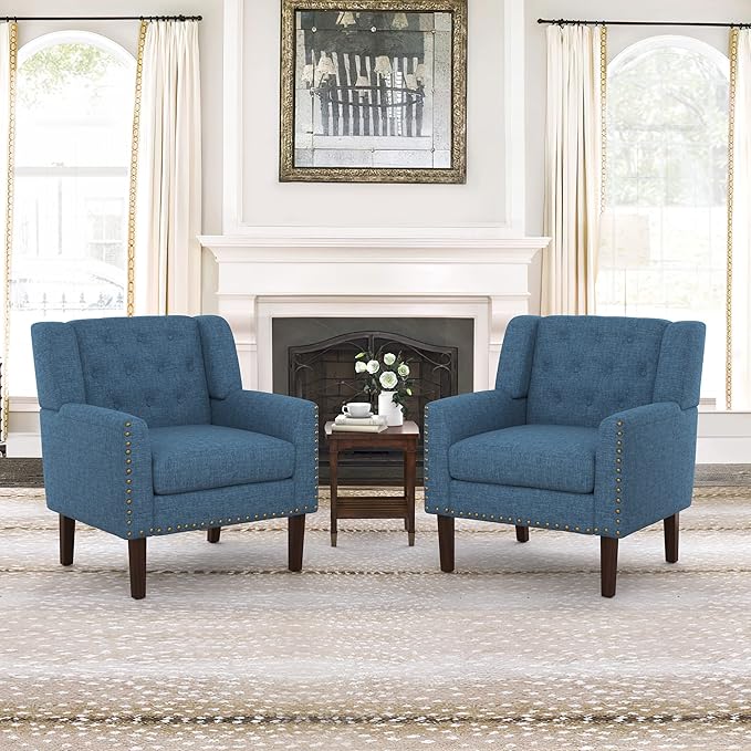 Upholstered Linen Accent Chair, Mid Century Living Room Chair 18.5", Comfy Button Tufted Arm Chair