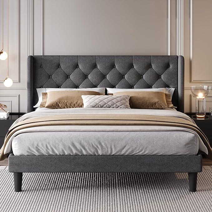 Queen Size Upholstered Platform Bed Frame with Wingback Headboard,