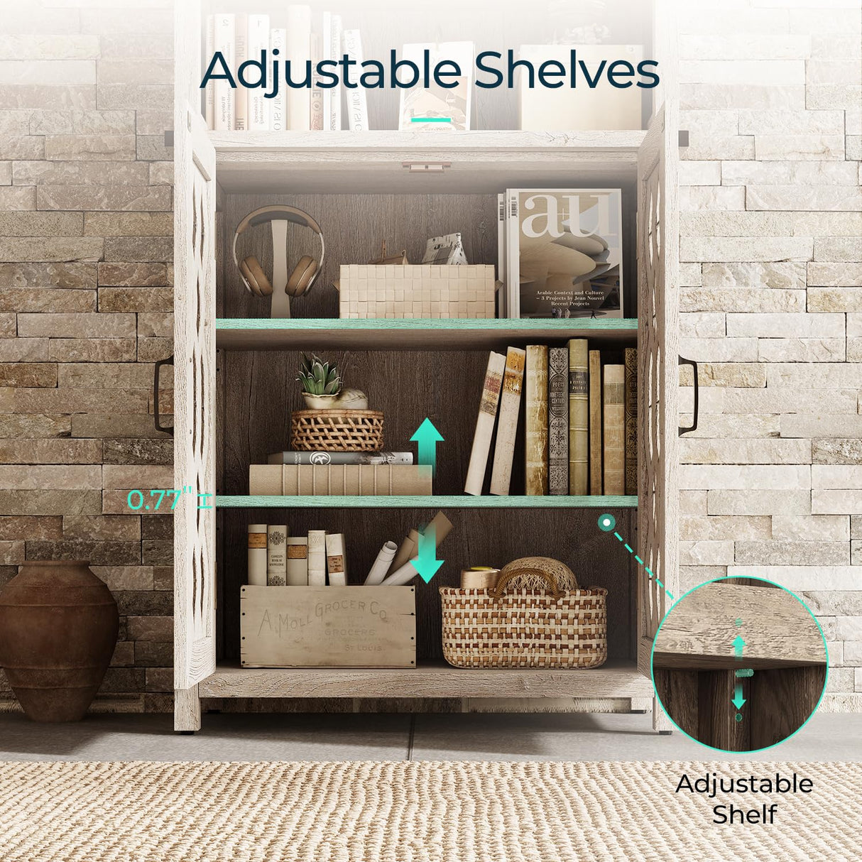 Farmhouse Bookcases with Doors, Floor Standing 5-Shelf Display Storage Shelves