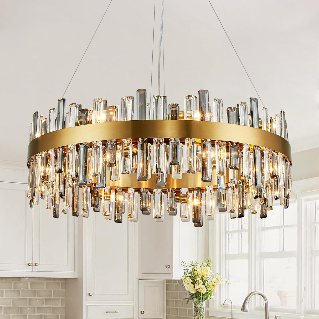 Modern Crystal Chandeliers, 16 Lights Brass Gold Round K9 Crystal Raindrop