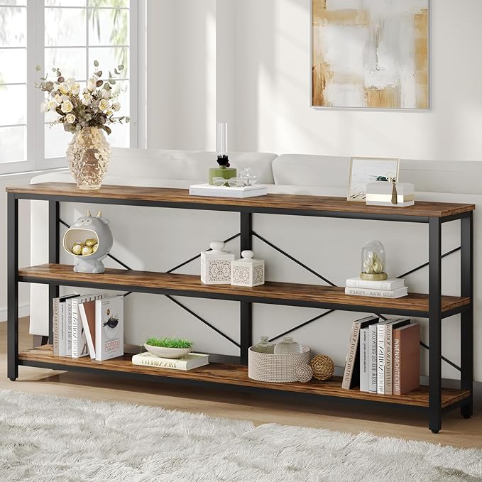 70.9-Inch Console Table, 3-Tier Industrial Sofa Table with Metal Frame